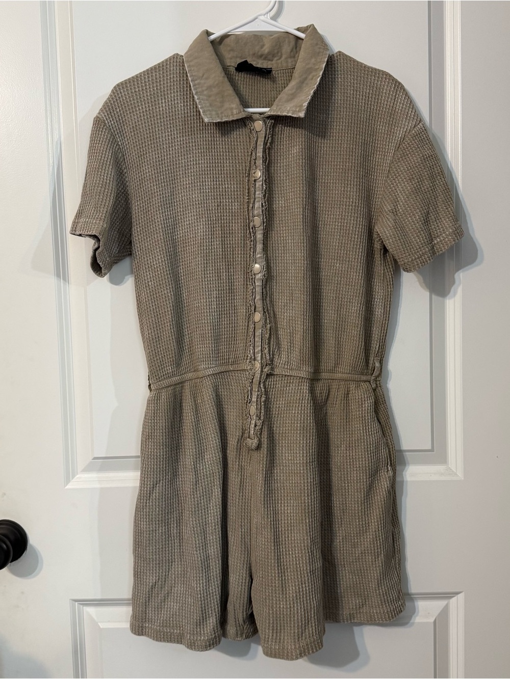Golden Hour Taupe Waffle Knit Romper Utility Collar Snap Front